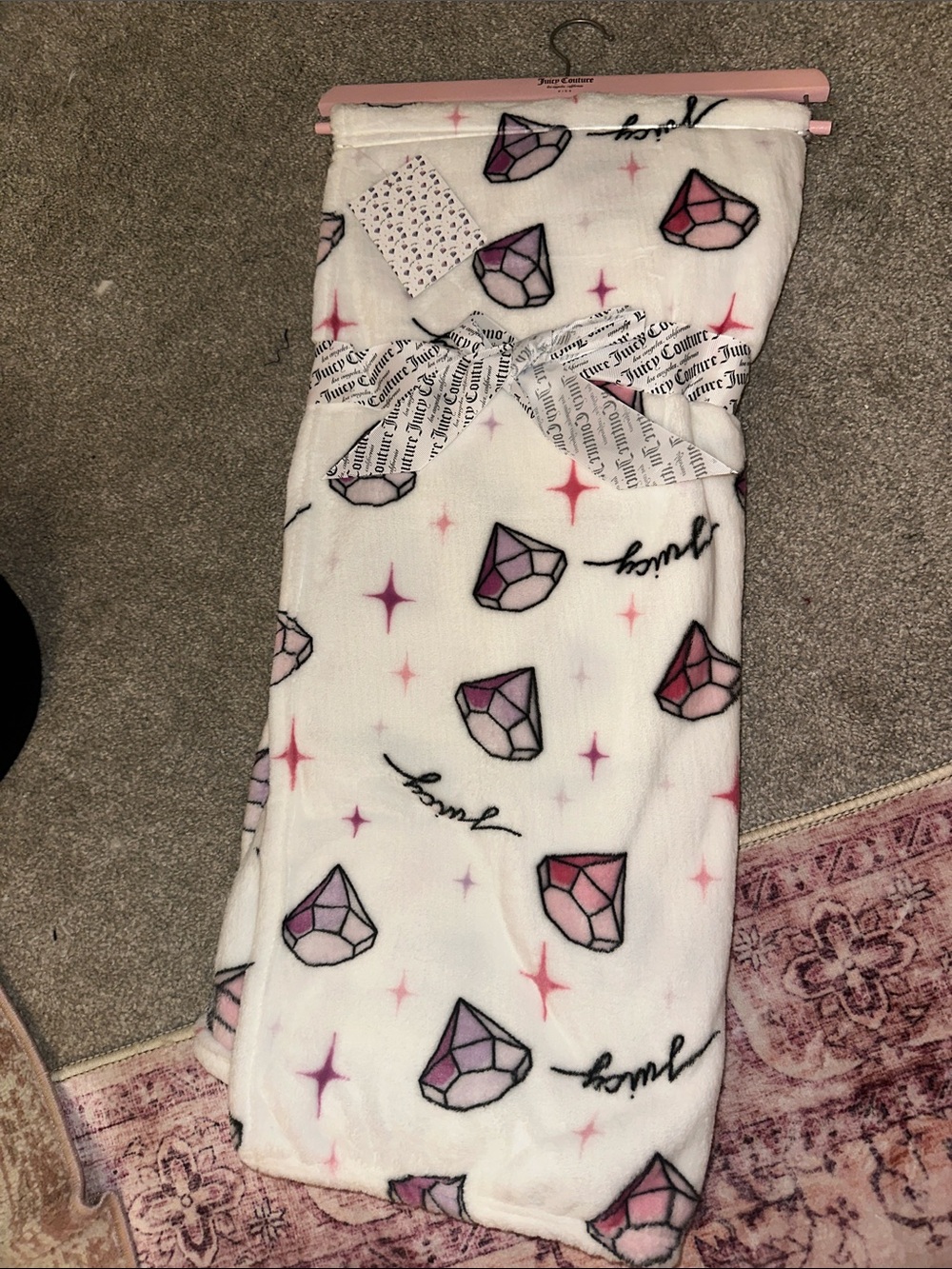 Juicy Couture White Fleece Blanket with Pink and Purple Gem Print
